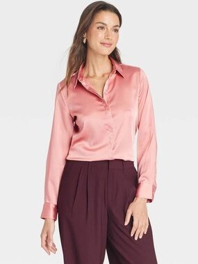 A New Day Satin Pink Long-Sleeve Button-Down Shirt